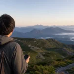 山岳で携帯型GPS端末を確認する登山者