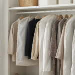 クローゼットで洋服カバーを掛けた衣類