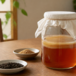 布を掛けた発酵瓶と茶葉・砂糖