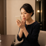 鏡を見ながら出勤前にリップを整える女性