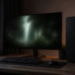 暗い森を思わせる抽象画面とデスクトップPCの設置イメージ