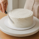 ケーキ回転台でクリームを塗る作業