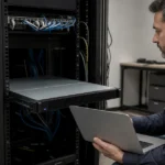 ラックへ1Uサーバーを設置する作業