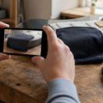 ギターの取付部分を布で隠してスマートフォンで撮影する手元