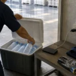 作業前に凍結ボトルと充電場所を準備する様子