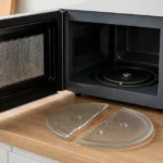 扉を開けた電子レンジと割れた丸皿