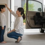 ジュニアシート選びの前に子どもの身長を測る様子