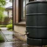 雨水タンクの交換用蛇口を確認する様子