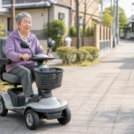 住宅街の歩道をシニアカーで走る高齢者