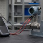 作業台で送信器と携帯計測器を接続する試験場面