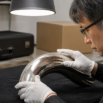 大型金管楽器を発送前に点検する場面