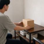 小型冷温庫を置くスペースを箱で確認する様子