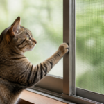 閉じた横引き網戸の縦枠に前足をかける猫