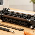 プリンター用の定着ユニットと交換部品を作業台に並べた様子