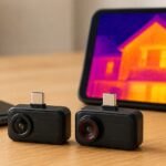 スマホ用の小型サーマルカメラ2台と熱画像を表示した端末
