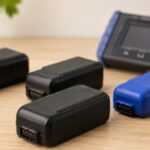 計測器のそばに複数の充電式バッテリーパックを並べたイメージ