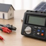 絶縁抵抗計とテストリード、太陽光パネルが机に並んでいる様子