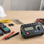 電気工事用の測定器とテストリードを作業台に並べたイメージ