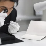 中立光の下で一粒のダイヤをルーペ確認する様子