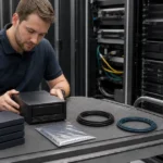 サーバールームでLTOテープバックアップ機器一式を準備する作業者