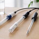 複数のpH電極とケーブルを木製テーブルに並べたイメージ