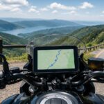 山道を走るバイクのハンドルとナビ画面を写したイメージ