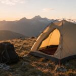 山の稜線に張られた登山用テントとバックパック
