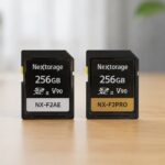 カメラのそばに2枚のSDカードを並べて比較しているイメージ