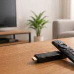 テレビの前にストリーミング端末とリモコンを置いたリビングの様子