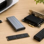 PS5から外したM.2 SSDと外付けケース、PCIe変換カードを並べたイメージ