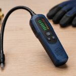 冷媒漏れ検知器と空調整備用のホースやゲージを並べた作業台