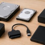 複数のHDDと外付けケースや変換アダプターを並べたイメージ