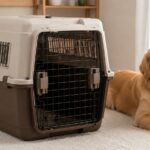 大型犬のそばに大型のハードタイプペットキャリーが置かれた室内
