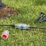 芝生の上でロボット芝刈り機の境界ワイヤーを補修しているイメージ