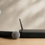 ワイヤレスマイク2本と受信機を並べたイメージ