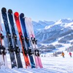雪山を背景に複数のスキー板とストックが並んでいる様子