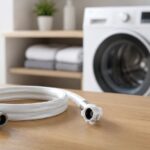 洗濯機の前に置かれた白い給水ホースのイメージ