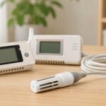 温湿度センサーと記録機器を木製テーブルに並べたイメージ