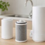 キッチンカウンターに複数の浄水器カートリッジが並んでいる様子