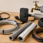水道管と凍結防止用のヒーターや保温材を並べたイメージ