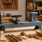 木工旋盤と木製ボウルや木工用工具が並ぶ作業台