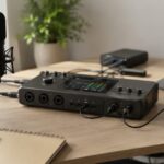マイクやヘッドホンと接続されたオーディオインターフェースが机に置かれている様子