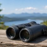 山と湖を背景に木製テーブルへ置かれた双眼鏡
