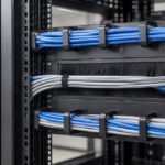 19インチラック内で青とグレーのケーブルを整理している様子
