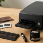 35mmフィルムとホルダーを並べたフィルムスキャナーの作業机