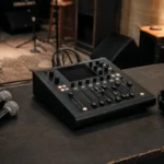 卓上型デジタルミキサーとマイク、ヘッドホンを置いた音響スペース