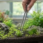 水草水槽でロングピンセットを使って植栽している様子