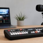 配信用スイッチャーとノートパソコン、カメラを配置した映像制作環境