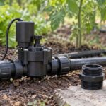 菜園の給水管に接続された電磁弁と口径の異なる継手