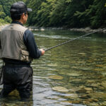 清流に立ち込み、短丈のメッシュベストで鮎釣りをする人